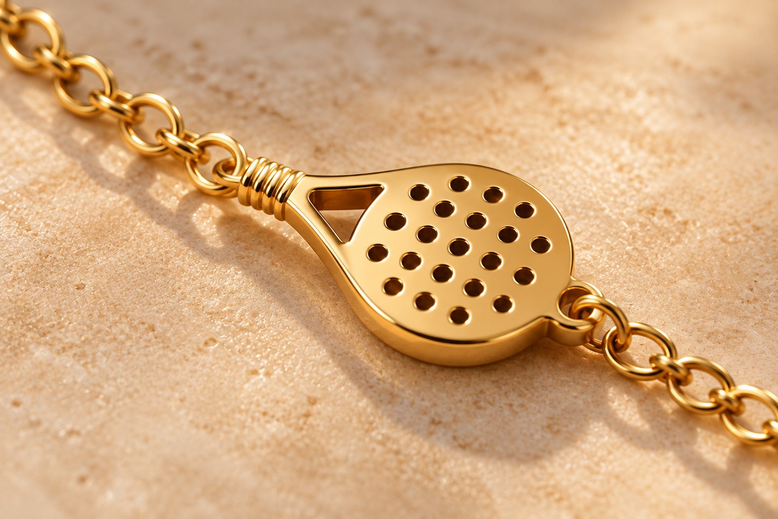 Détail de la raquette ajourée du bracelet