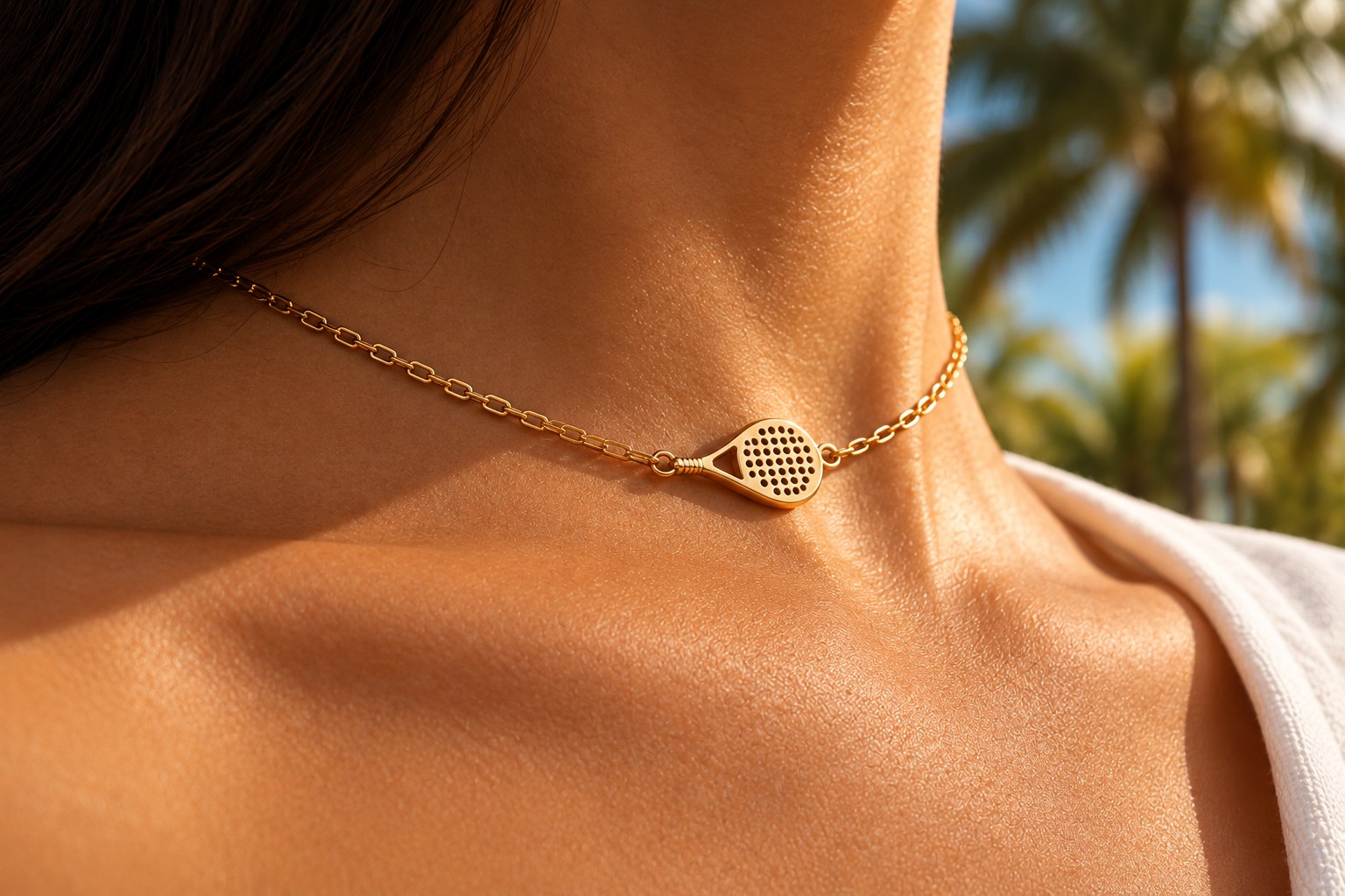 Le Collier Signature porté au soleil, palmiers en arrière-plan